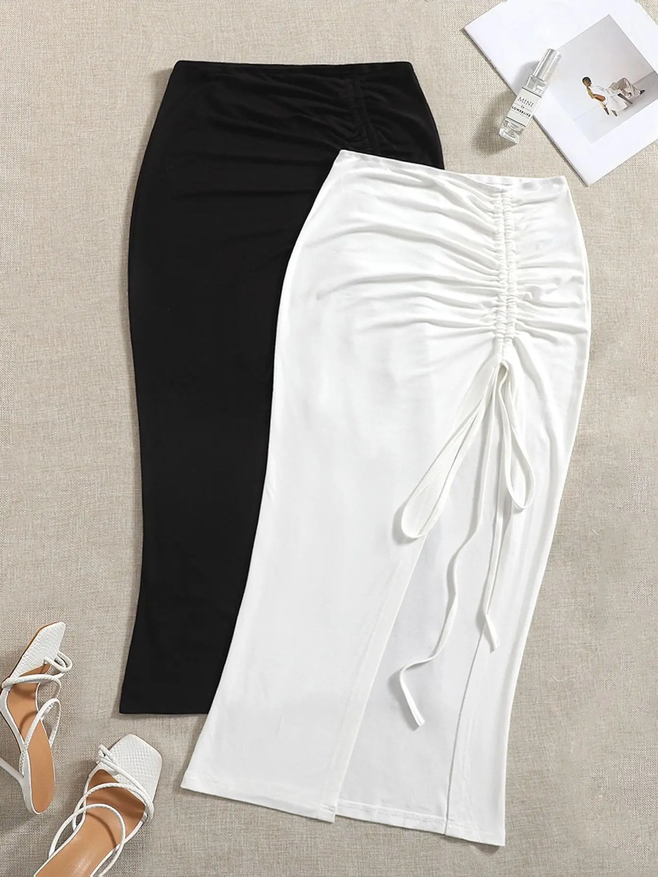 New women's elegant high waist knitted polyester skirt, solid color spring, summer and autumn long skirt, drawstring side slit
