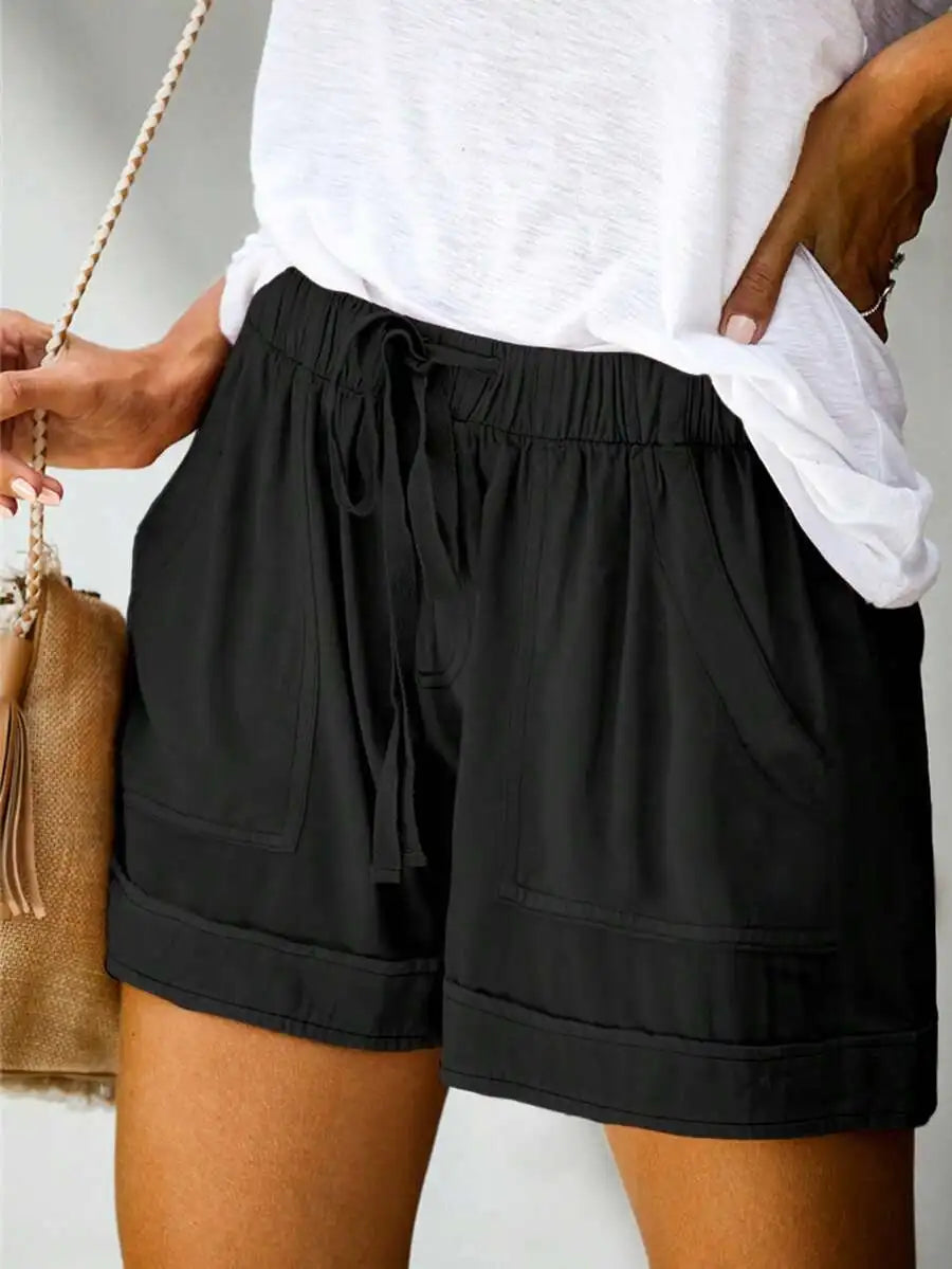 Women's Solid Color Drawstring Waist Casual Shorts For Vacation