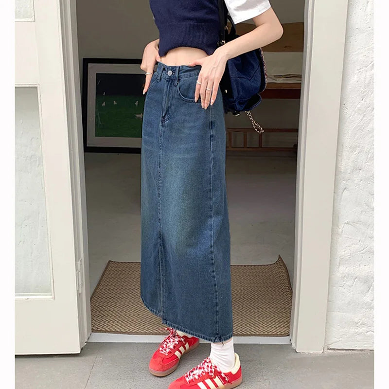 Summer Girls High Waist Thin Mid-Long Skirts Hot Sale Women Korean Designer Slit Denim Skirts Lady Fashion Solid Jeans Dress
