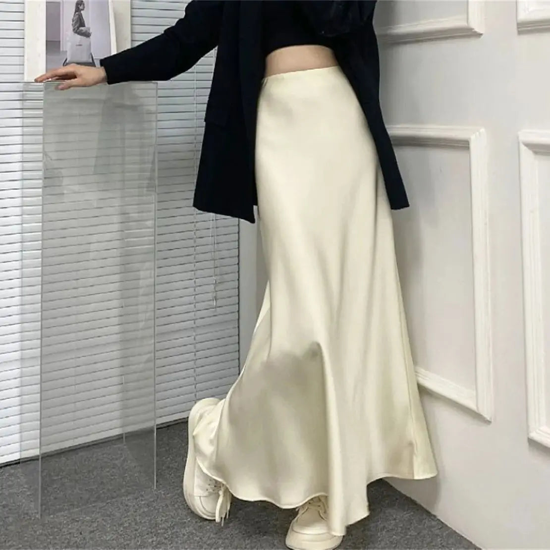 2026 Satin Fabric Skirt Woman High Waist Elegant Long Skirts For Women Korean Fashion Summer Chic Office Slim Fit Midi Skirts
