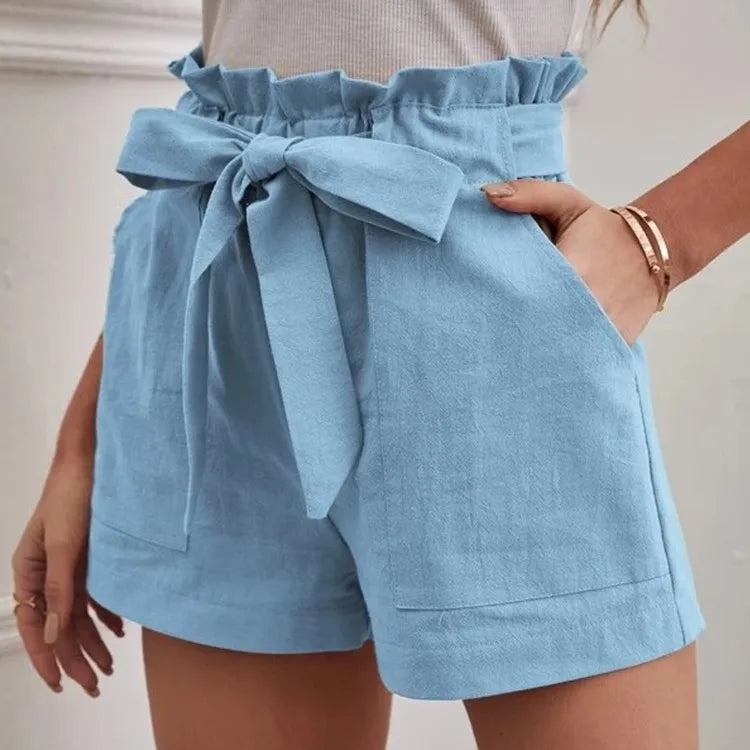 New Spring and Summer Bow Tie Band Loose Women's Casual Shorts with Pockets, Solid Color High Waist Wide Leg Three-Quarter Pants