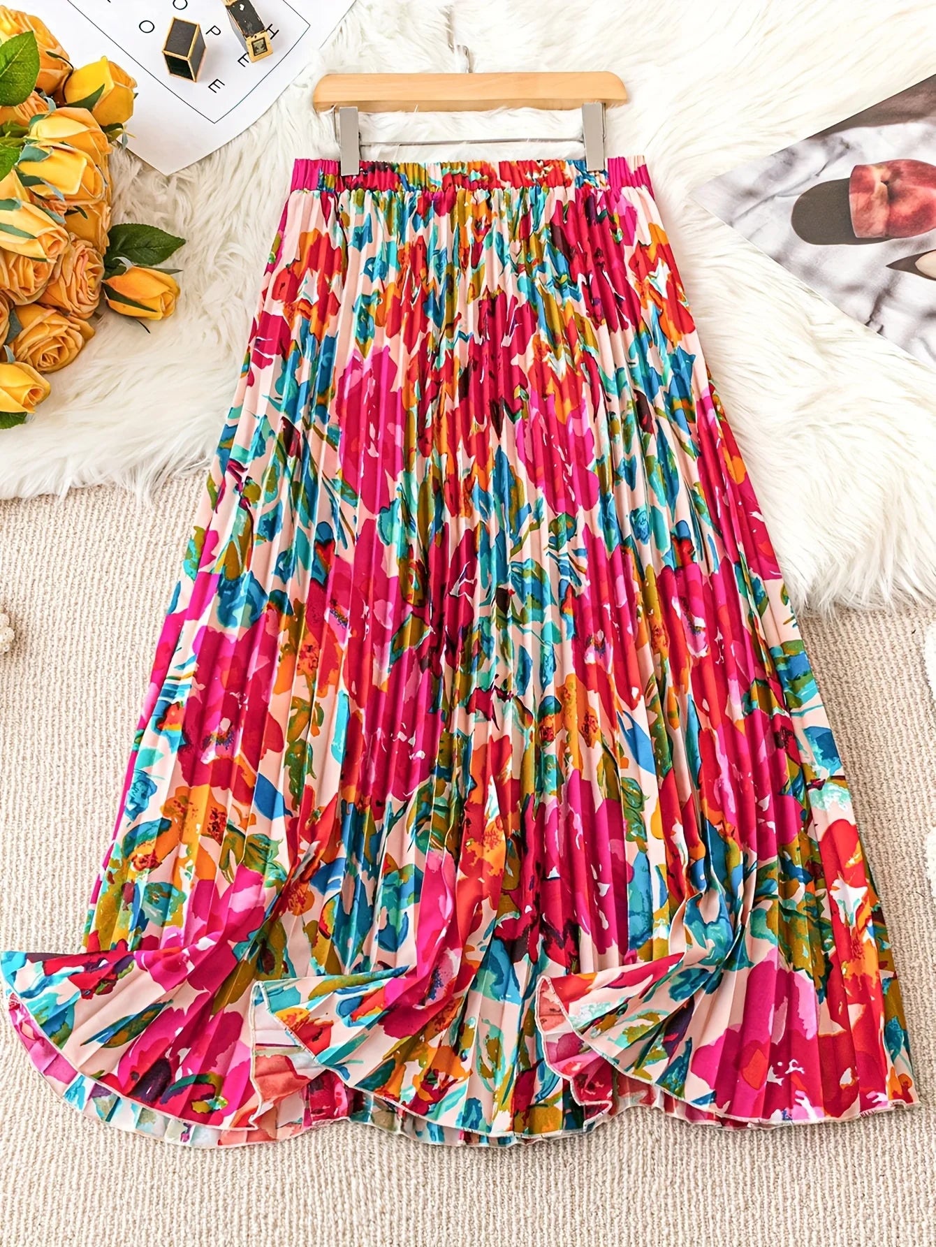 Spring Summer Women's Elegant Floral Print Long Skirts Casual High Waist Party Slim A-line Pleated Skirt