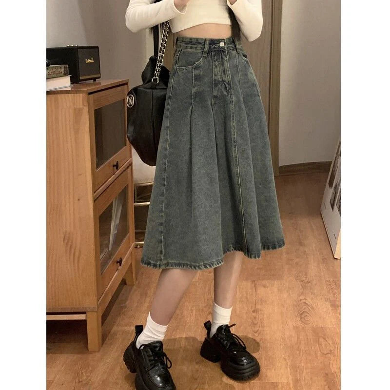 Summer Lady High Waist Thin Pleated Jeans Skirts Women Retro Solid Mid-Long Denim Skirts Girls Casual Fashion A-line Dress