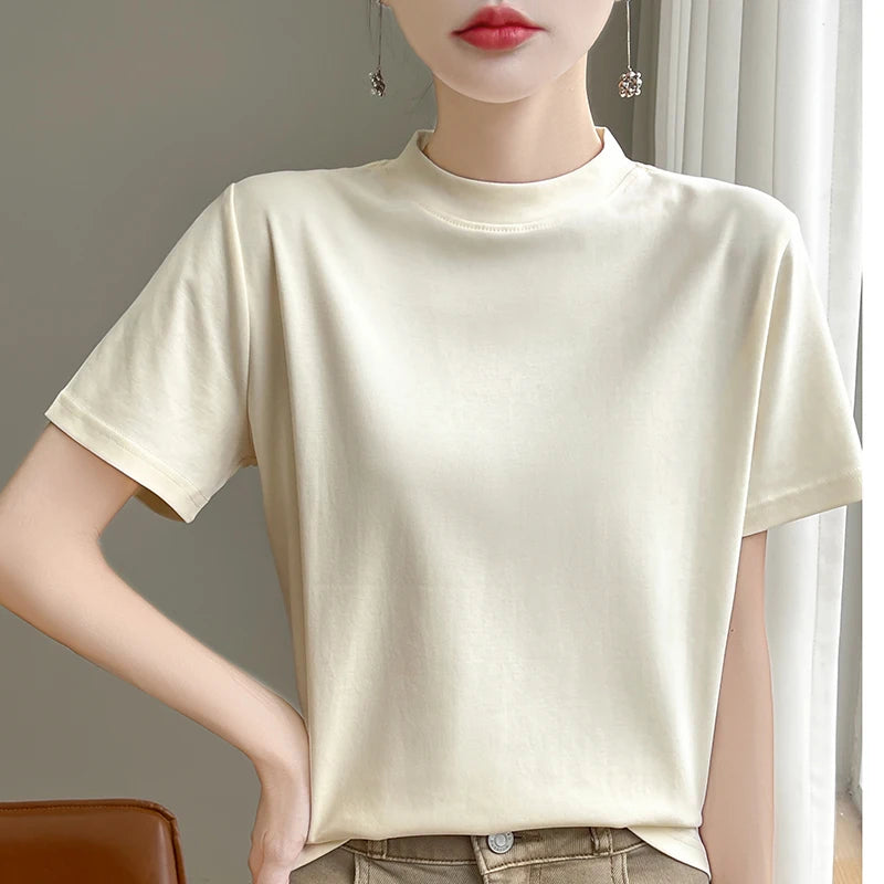 Spring and Autumn New Semi-high-necked Cotton Short-sleeved Women's Stand-up T-shirt Joker Loose Sleeve Top Slim Bottom