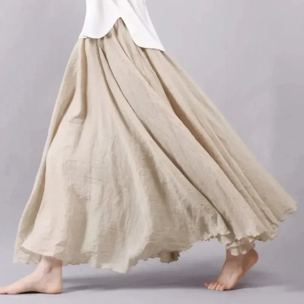 Boho Beach Women's Skirt - Linen Cotton Blend Elastic Waist Long Pleated Maxi, Vintage Summer Casual Skirt Faldas Saia