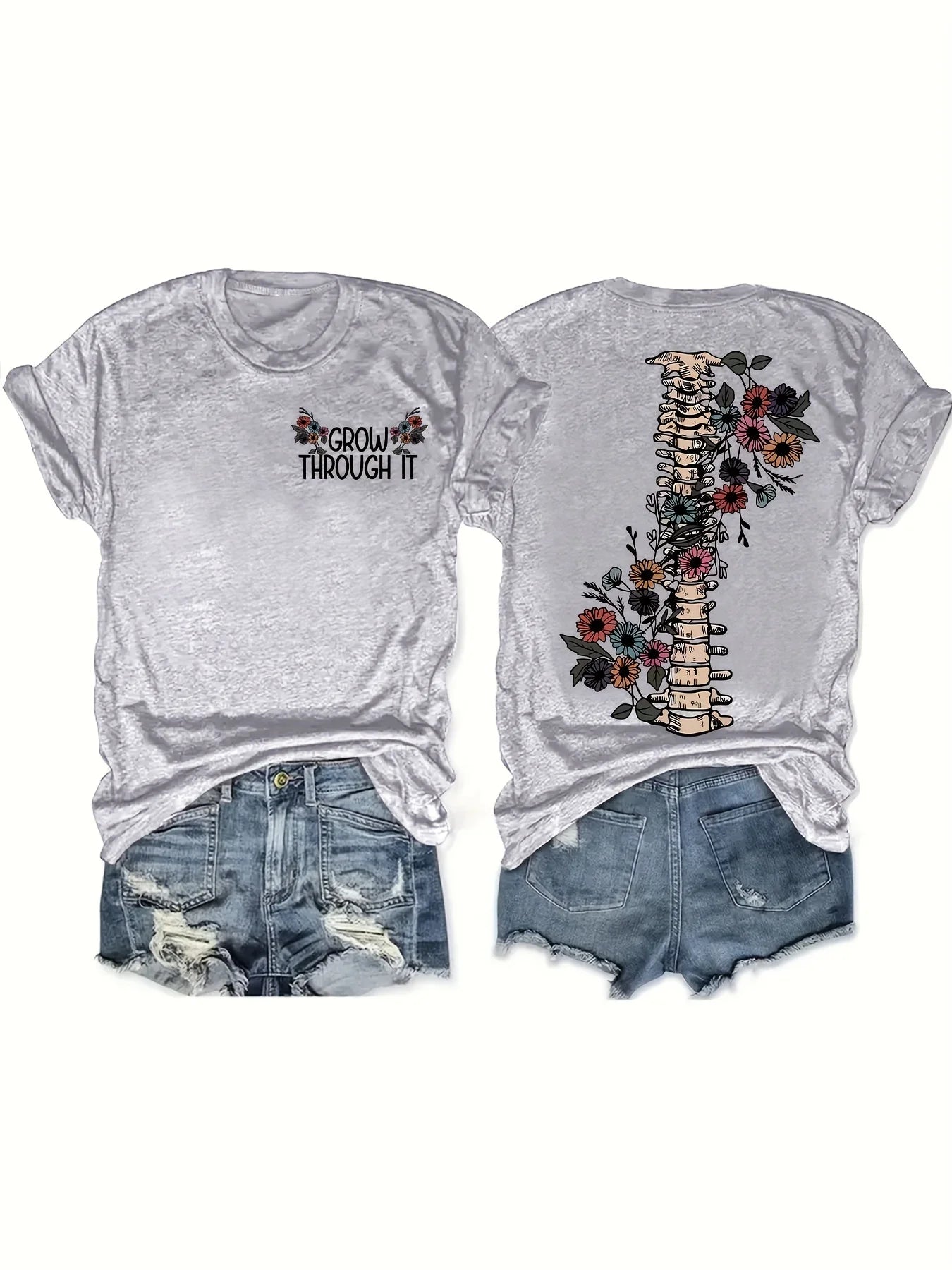 Grow Through It Women's Tee - Spine & Floral Graphic, Casual Gray Top