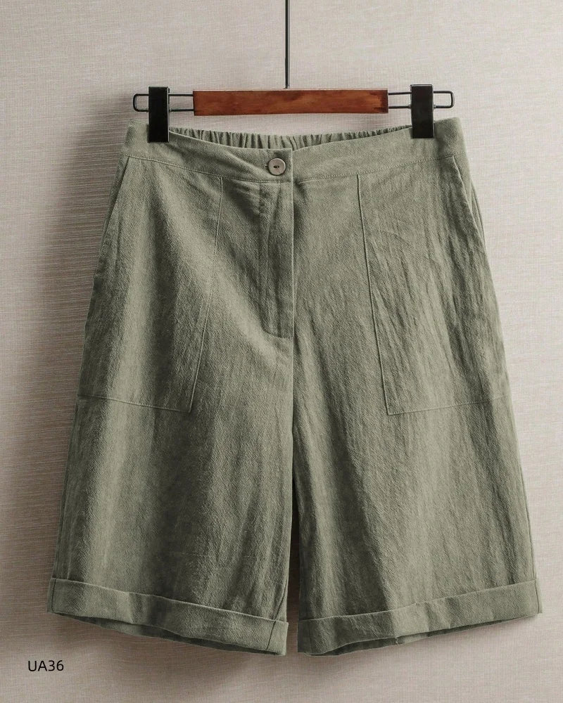 Women's Casual Cotton Linen Knee-Length Shorts Summer Elastic Waist Bermuda Shorts with Pockets female street wear Hot sell